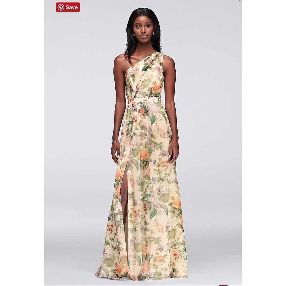 NWT never worn, never altered David’s Bridal size 4 long one shoulder chiffon